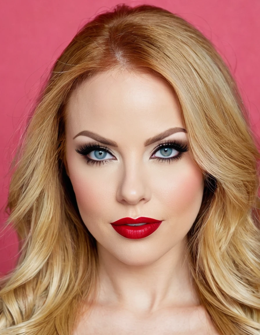 A waist-up portrait of a beautiful female whose facial features are a combination of Kylie Minogue + Fergie. The female has lovely makeup on her face. The female wears red lipstick. Symmetrical eyes. Symmetrical face. Lovely details. Photorealistic. Full-colored photo. Professional photo. Highly detailed 8K.