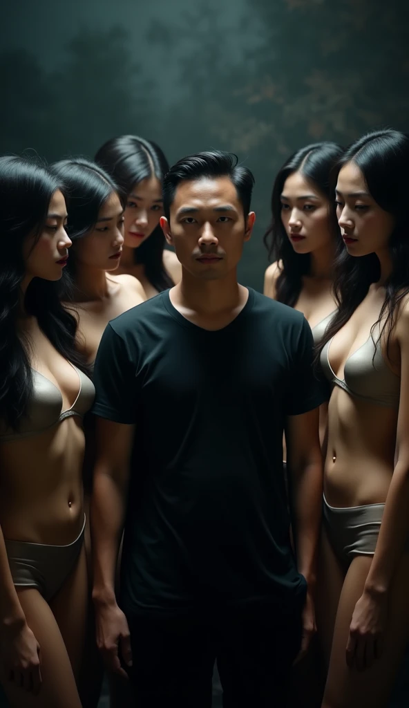 Asian alpha male is being surrounded and seduced by beautiful women
