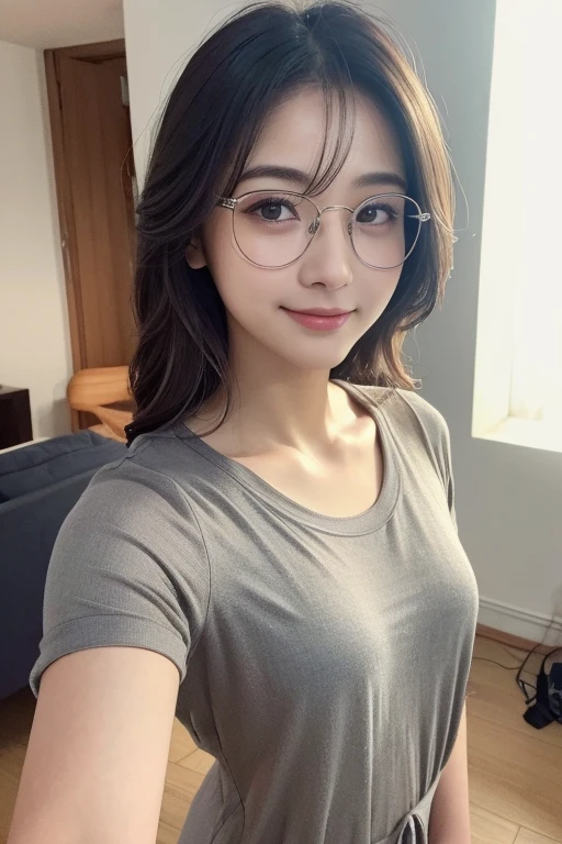 ((masterpiece, Best Quality, Illustration, Ultra-detailed, finely detail, hight resolution, 32K Wallpaper, Perfect dynamic composition,)), Japanese cute mature,incredibly detailed face, incredibly detailed beautiful and small downtuned cut eyes,(wide and thin lips),upward glance,glasses,tall hooked nose,(wide oval face shape),(Natural looking makeup),,bed,dusky room,moody lights,(unkempt lob hair),gray loungewear,((selfie)),(smile),((Realistic)), ((photo Realistic)),