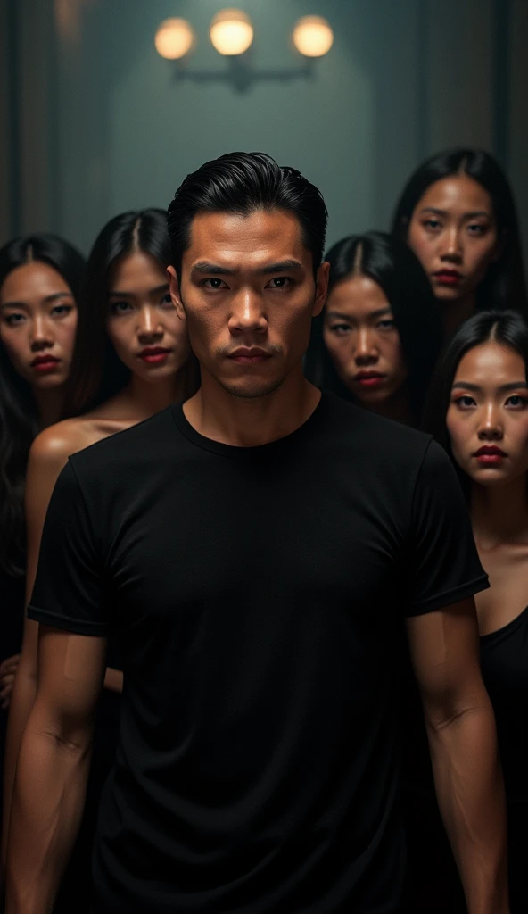 Asian alpha male is being surrounded and seduced by beautiful women, dark and mysterious background
