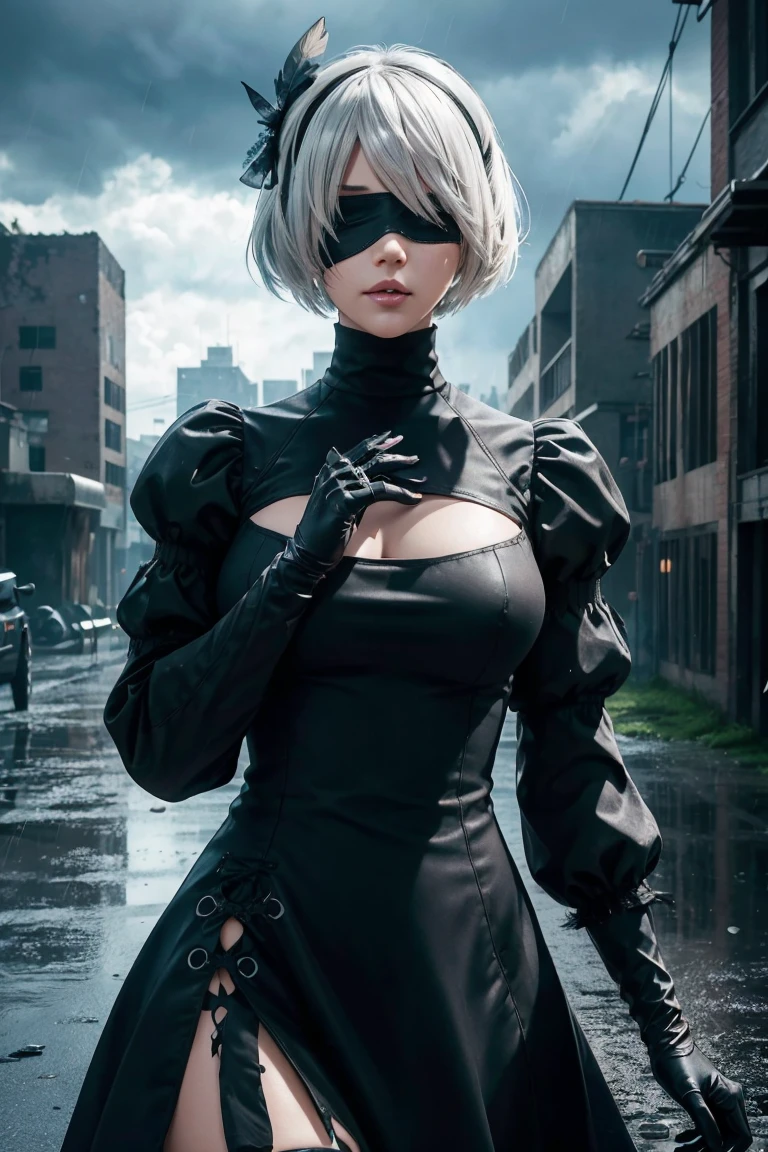 2B Nier Automata,Bobcut, Gray Hair,Long sleeve, Juliet Sleeve, White gloves, turtleneck, bangs, Feather ornament, Feather ornament sleeves, Blindfold, Black Goth Dress,Japanese Ultra HD,super high quality,masterpiece,Digital SLR,Photorealistic,Detailed details,Vivid details,Depicted in detail,A detailed face,Detailed details,Super Detail,Realistic skin texture,Anatomical basis,Perfect Anatomy,Anatomically correct hand,Anatomically correct fingers,Complex 3D rendering,Sexy pose,Rainy Sky,Beautiful scenery,Fantastic rainy sky,Fantasy worldview,Beautiful night sky,Picturesque,Pink Lips,Black butterfly々Fluttering,A ruined world,A devastated battlefield,ruins,