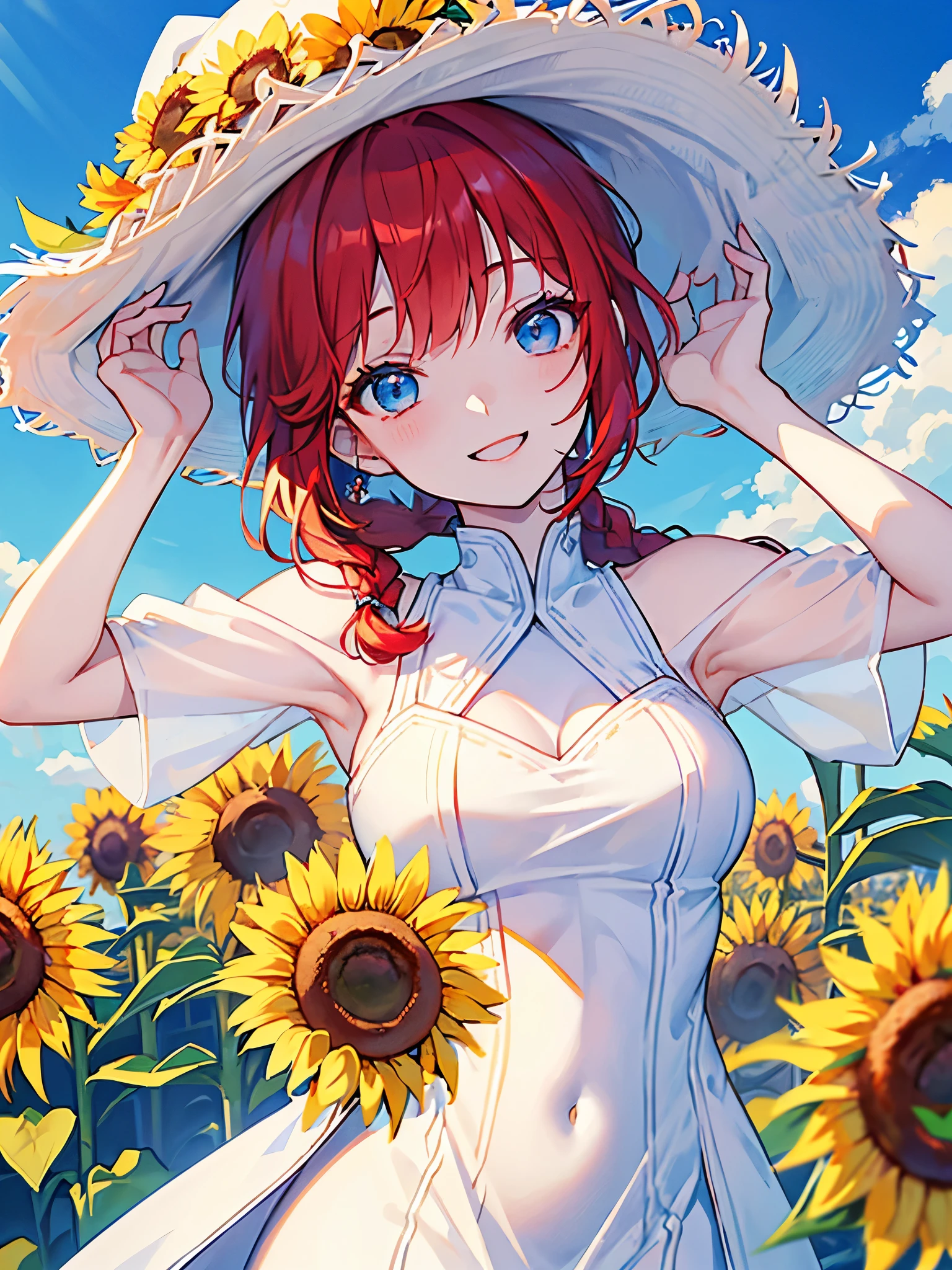 canary, Arima etc., short hair, bangs, (Red eyes:1.3), Redhead, Bobcut, smile,Open your mouth,Tank top,mini skirt,Cute heeled sandals,Heart Necklace,Are standing,Daytime,Clear skies,True Summer,Beret with ribbon,whole bodyがイラストに入るように,
break outdoors,Sunflower field,
break looking at viewer, whole body, (Cowboy Shot:1)
break (masterpiece:1.2), Highest quality, High resolution, unity 8k wallpaper, (figure:0.8), (Beautiful attention to detail:1.6), Highly detailed face, Perfect lighting, Highly detailed CG, (Perfect hands, Perfect Anatomy),
