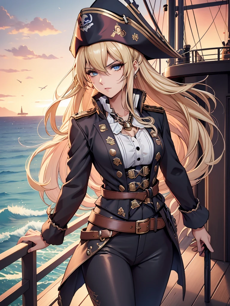 A powerful and captivating pirate woman standing on the deck of her ship, sailing through stormy seas. She has long wavy blonde hair., that moves with the sea wind. His striking face, with makeup that highlights her determined expression, shows intense red lips and dark, captivating eyes. He wears a traditional pirate tricorn hat adorned with a skull emblem., and a fitted jacket with gold details over a white ruffled blouse with a low neckline, that enhances his confident and dominant presence.

His outfit is a mix of pirate rudeness and elegance.: Dark leather pants adorned with belts, buckles and a crimson sash tied around the waist, which also has a skull decoration. He carries a sword at his side, with one hand holding the handle, ready for action. The deck behind her is detailed with the ship&#39;s black sails., which also feature a skull and crossbones motif, waving strongly in the wind, as turbulent ocean waves crash around, creating an epic and adventurous atmosphere.
