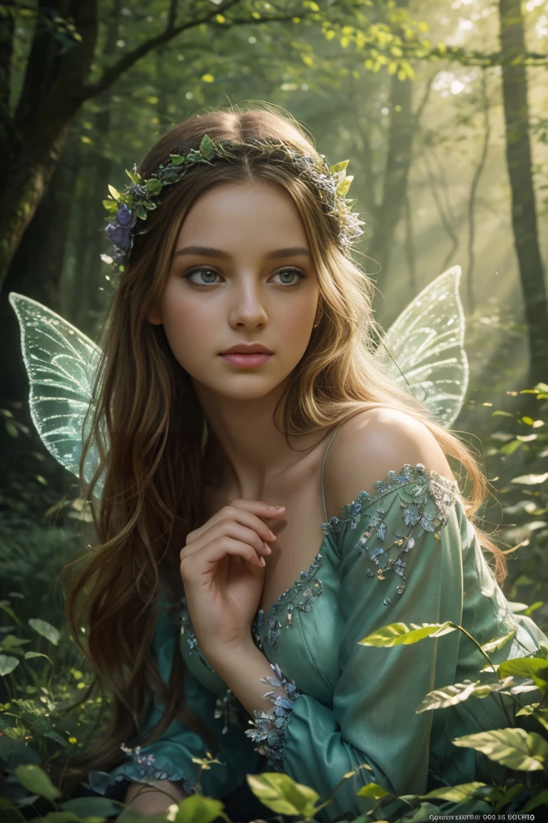 A female elf in a magical forest, enchanting eyes, delicate facial features, long and pointed ears, flowing and ethereal dress, graceful posture, surrounded by vibrant flowers and sparkling butterflies, surreal lighting and colors, dreamlike and whimsical atmosphere, photorealistic rendering, high-resolution masterpiece:1.2, mystical and enchanting portrait, fantasy style, soft and pastel color palette, gentle and warm lighting.
