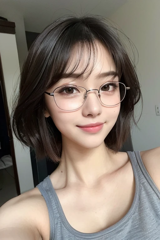 ((masterpiece, Best Quality, Illustration, Ultra-detailed, finely detail, hight resolution, 32K Wallpaper, Perfect dynamic composition,)), Japanese cute mature,incredibly detailed face, incredibly detailed beautiful and small downtuned cut eyes,(wide and thin lips),upward glance,glasses,tall hooked nose,(wide oval face shape),(Natural looking makeup),,bed,dusky room,moody lights,(unkempt short lob hair),gray loungewear,((selfie)),(smile),((Realistic)), ((photo Realistic)),