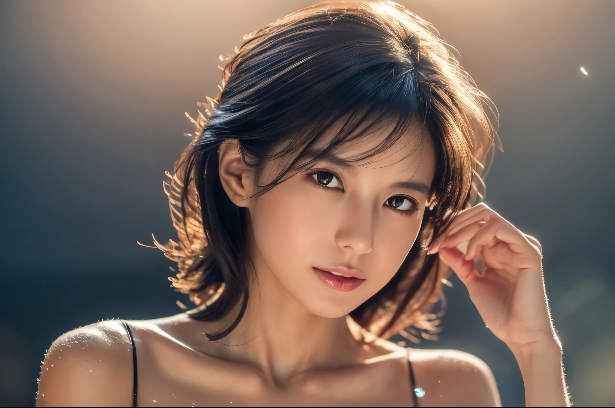 Random pose, Mix 4, (8k, original photo, best quality, masterpiece: 1.45), (actual, lifelike: 1.37), Skinny Japanese lady, One girl, charming, city View, night, rain, wet, professional lighting, photon mapping, Radiosity, Physically based rendering, gradient black hair, short curly hair, Handsome, girl, t-shirt, high resolution, 1080P, (clear face), (detailed facial description), (Detailed description of the hand), (Exquisite CG), Extreme light and shadow, messy hair, Rich in details, (Exquisite facial features), (best quality photos), (beautiful eyes), look in front of you, Thin collarbone,