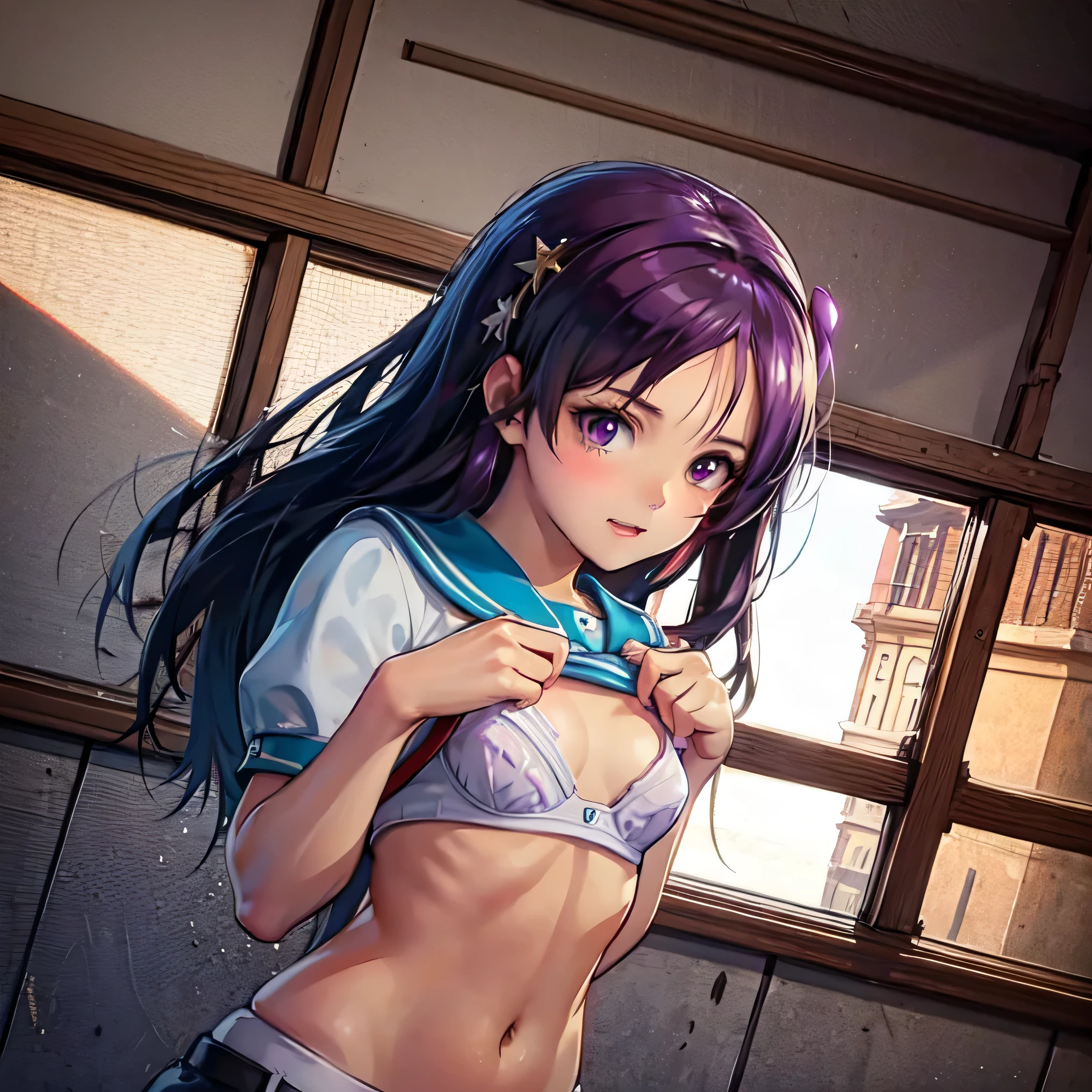 The King of Fighters, asamiya athena, athena, KOF, the king of fighters athena, medium chest,piercer, red eyes, 긴 purple 머리, violet color hair, purple eyes color, 1 girl, face shame, 4K, professional photos, girl, HDR, detailed face, uniform (open sailor uniform, bra wearing), masterpiece, (light), beautiful background, realistic background, realistic photo