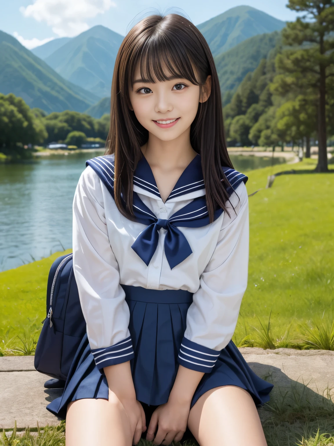 Browse with caution, (masterpiece, Best Quality:1.2), One Girl, Alone, Best Quality, High school girl, ((Sit on the grass)), Sexy pose, RAW Photos, smile, (Super cute idol-like face:1.2), Delicate girl, Small breasts, (Beautiful slim body), Beautiful legs, slim arms, (White shirt, Sailor suit, Navy blue pleated skirt:1.4), Black Hair, bangs, (Medium straight hair), (walk), Carry a school backpack, (Beautiful Japanese countryside and mountains)