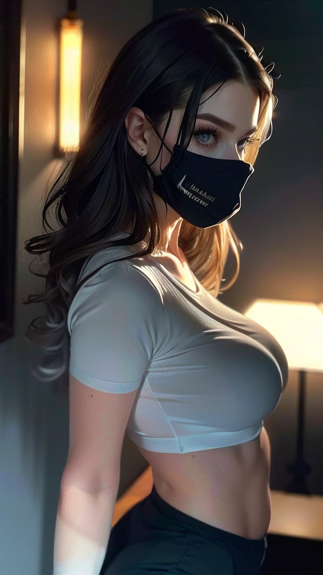 (((realistic))) Photo, masterpiece, Superior quality, pale skin, (Ultra detailed face and eyes:1.2), dilated pupils, 1 girl, gloomy atmosphere, dark background, (Eye makeup, mask) , ((dark wavy hair)) , ((elegant hairstyle)) , natural breasts, thin waist, (slender body) , Beautiful slim legs, on a normal t-shirt. ((Posing)) , (body curves), Sesión de Photos, studio (Contour lighting), (The play of light and shadow), longitud focal, bokeh, (Special attention to skin details.: 1.2), detailed leather texture, skin pores, ((Тёмная и gloomy atmosphere кадра. color scheme - black, gray, pale, Heaps)), (film grain, vhs effect), (shine) , (spring), ((Ultra close-up)) , ultra detialed, 