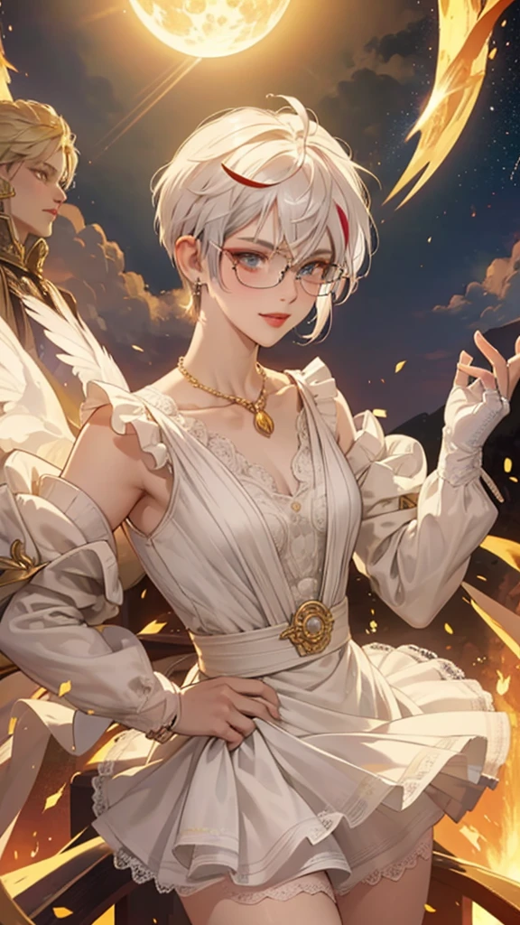 8k, masterpiece, best quality, highly detailed, 1 girl, tiefling, paladin, devil horns, pixie cut, multicolored hair, very short straight hair red highlight hair on white hair, strippled hair, wearing glasses, round glasses, earrings, red eyeshadow, long eyelashes, blushed cheek, red lips, pearl necklace, rings, collarbone, mole on face, glamorous, white and gold clothes, sleeveless, laced dress, miniskirt, smirk, close up view, rings, looking at viewer, solo, holding sword, sword point to the sky, starry sky, radiant gold moon, standing, golden halo, white lace gloves, heavenly scene, halo, holy palace in background.