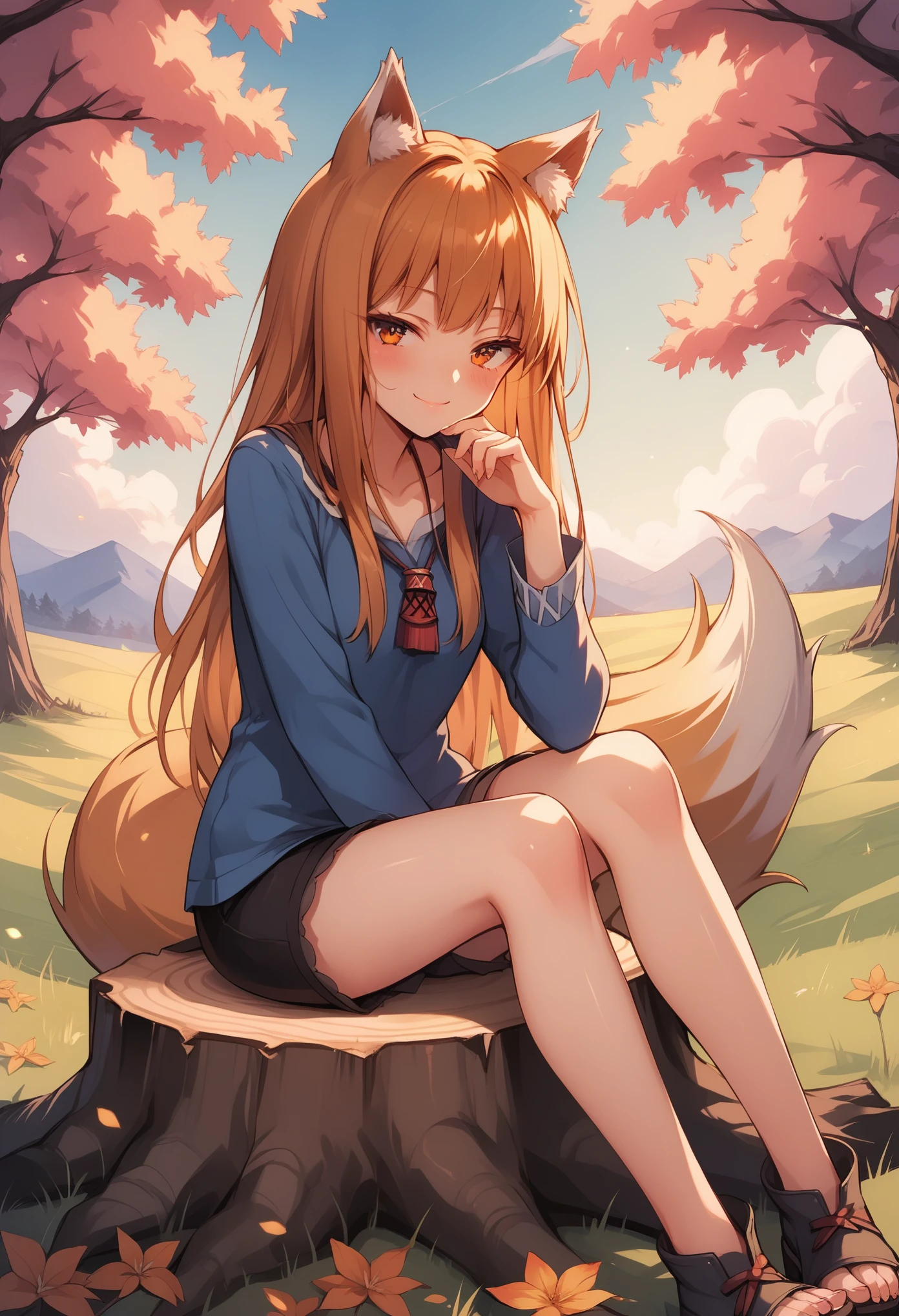  holo, 1girl,  animal ears, animal_humanoid, canid_humanoid, fox_humanoid, wolf ears, wolf girl, small breasts, wolf tail, , BREAK
sitting, looking at viewer, (half-closed eyes), seductive smile, BREAK
day, bare tree, outdoors, tree, tree stump, BREAK
score_9, score_8_up, score_7_up, 