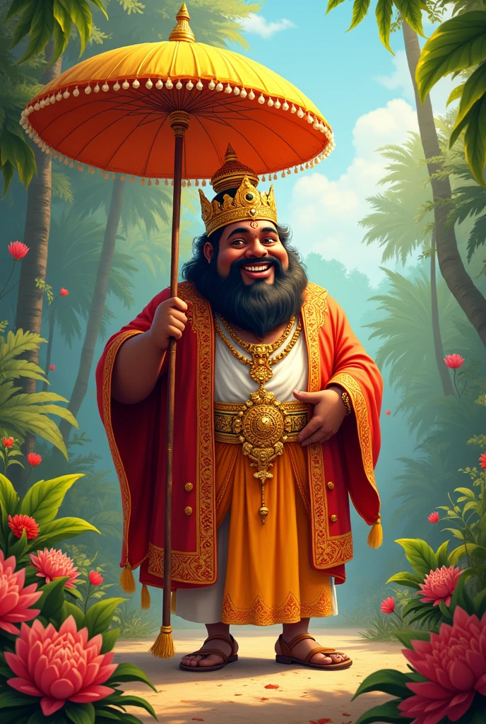 Animated kerala maveli with Kerala background big stomach crazy movement plam umbrella on hand full of gold ornaments dothi. Without beard