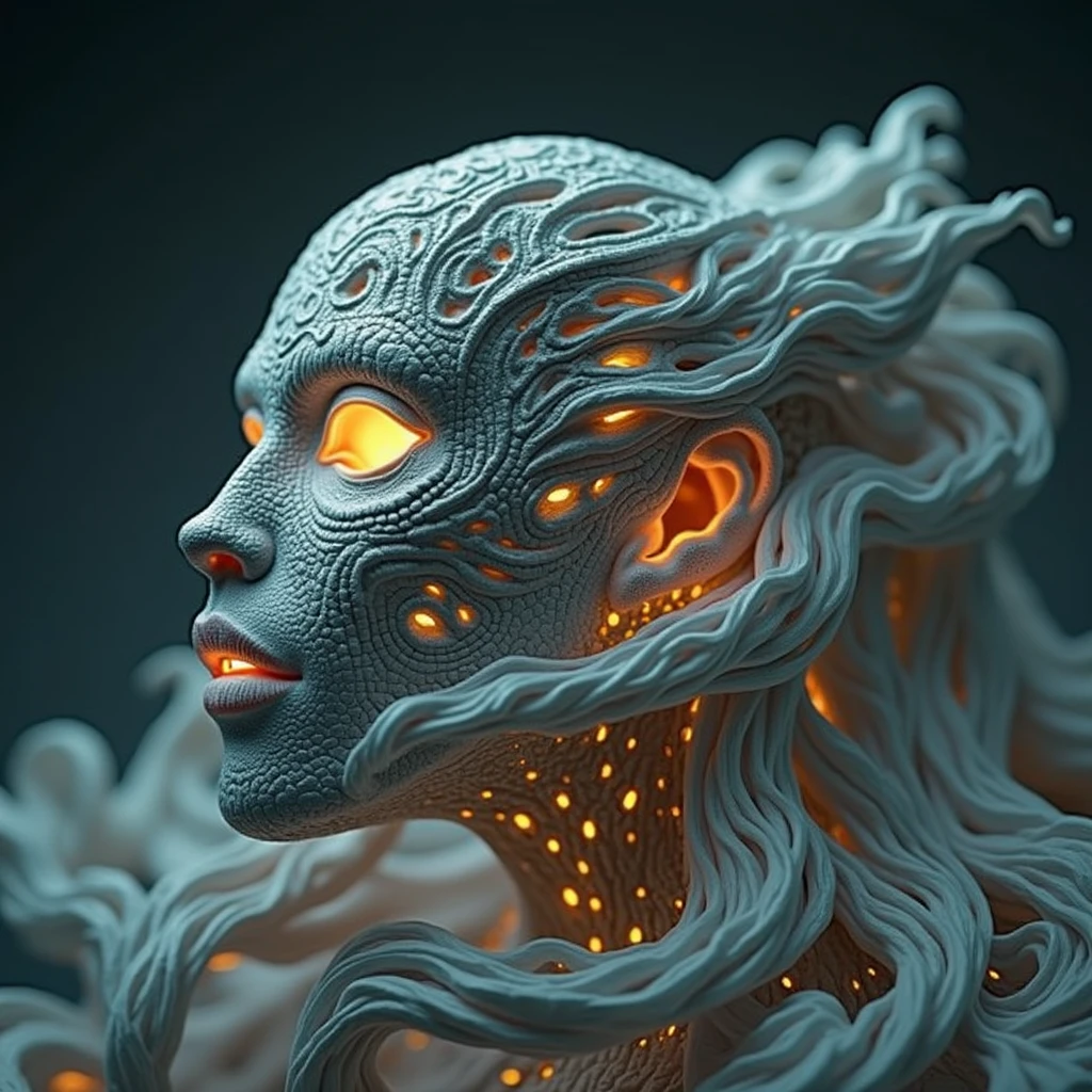 Ghostly portrait of a futuristic alien from another dimension creator of the universe with powerful ancient magic and supernatural powers from an unknown dimension