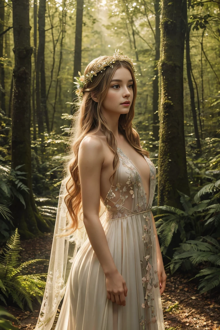 cinematographic, ultra realista, detalles intrincados, fancy, Alice in Wonderland. Wrapped in a gigantic transparent and autumnal leaf., puede ver la figura retroiluminada de una deidad femenina naciendo en el mundo. La deidad es joven., mujer rubia con corto, Despeinado, cabello despeinado. The atmosphere is that of a large mythical and dreamlike room.. The deity is only covered by the leaf that surrounds it and the magic that moves around it..