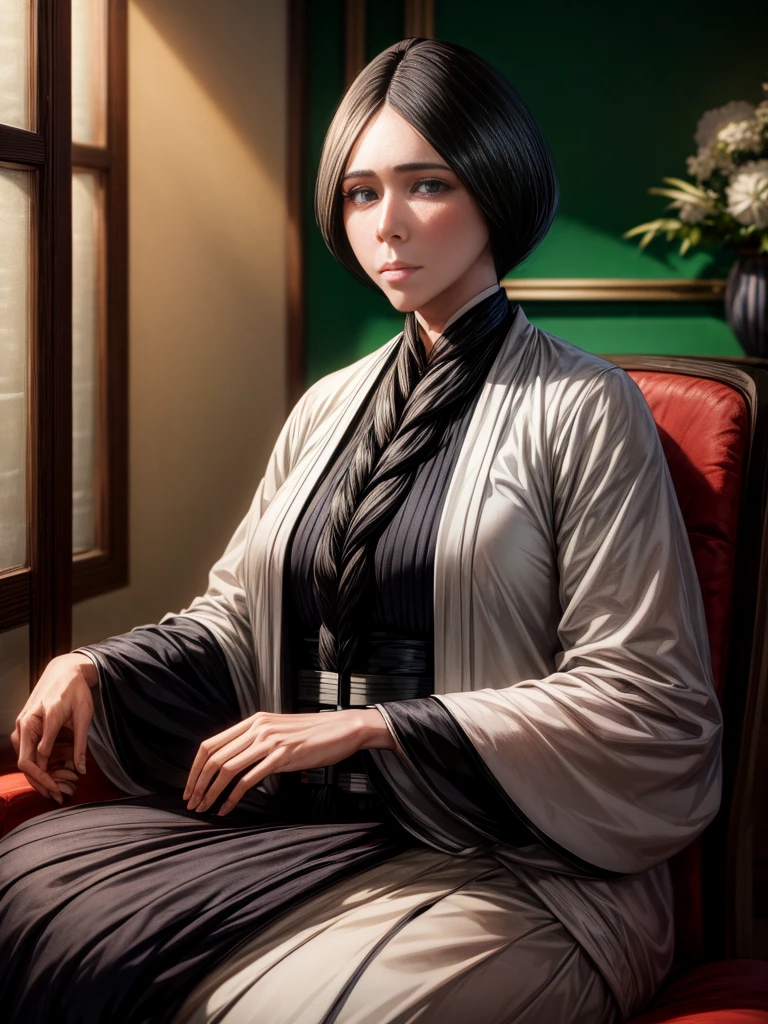 (((unohana))) , detailed hair，single ponytail , detailed eyes , detailed face  , 32K , sitting on a chair , looking at the audience , close face , face focus