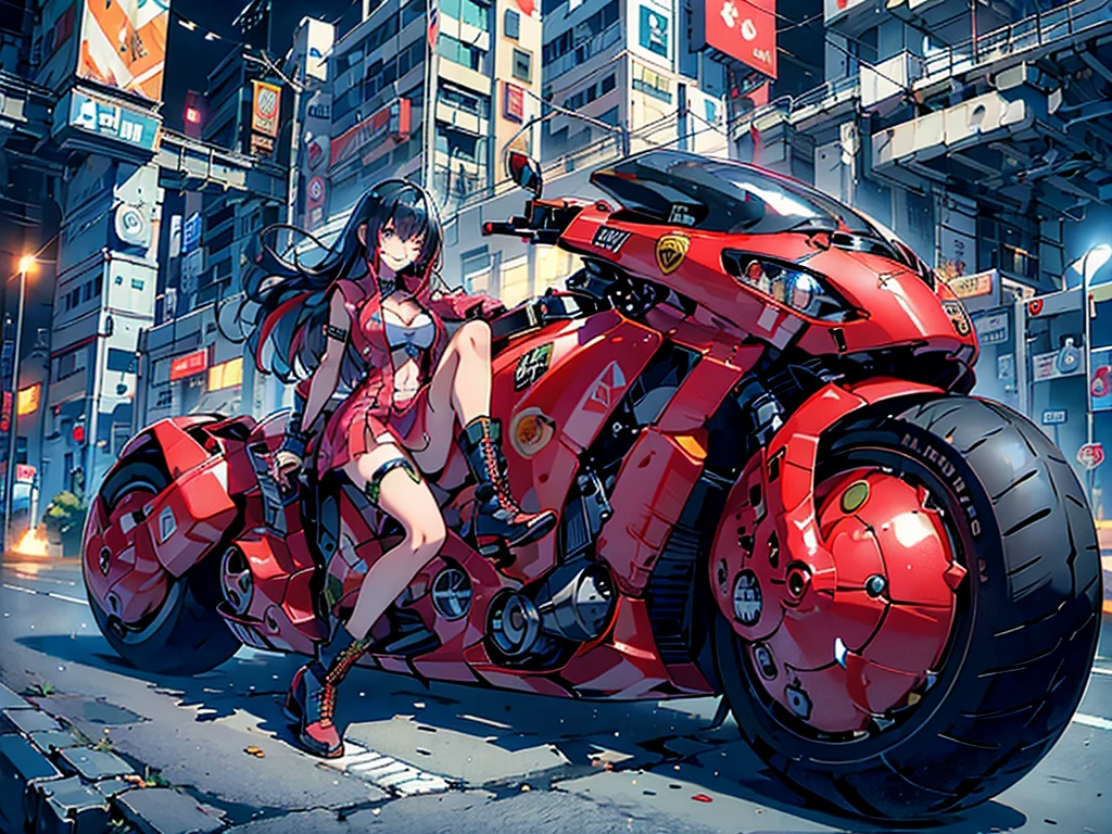 woman、Early 20s、Cyberpunk、Wicked Smile、Black Hair、Long Hair、Multicolored Hair、Purple Eyes、Bust Up、sexy、sexyなポーズ、Tight combat suit、Riding a yellow bike、night、R-18