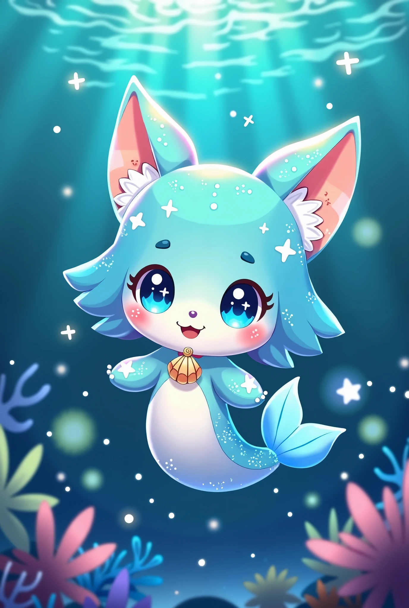 anime style, anime art ,anime illustration ,"Design an adorable mascot named 'Marinka,' inspired by the ocean. Marinka has a soft, round body with shimmering, ocean-blue fur that reflects the colors of the sea, shifting subtly between shades of aqua, deep blue, and turquoise. Her eyes are large and glowing, resembling the bright sparkle of sunlight hitting the water’s surface. Marinka’s ears are shaped like delicate seashells, with a pearlescent shine, and her tiny, star-shaped paws have a soft glow, as if they’ve been touched by moonlight. She has two small fins on her back, resembling mermaid fins, made of translucent, shimmering material that glows in the dark. Marinka carries a small conch shell around her neck, filled with magical sea sounds and stories, spreading joy and serenity wherever she goes. Her personality is playful, soothing, and kind, making her the perfect companion for both children and adults alike, with an air of mystery and wonder from the deep ocean."