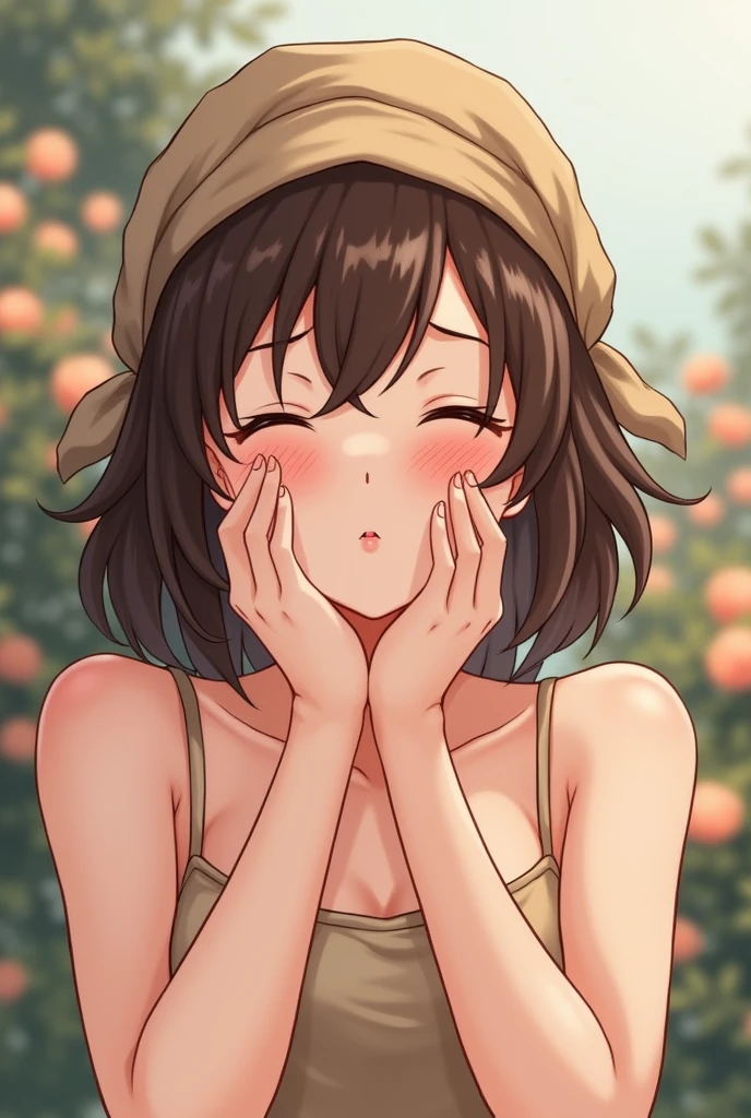 gloria \(pokemon\), ((topless)), masterpiece, best quality, highres, 1girl, brown hair, solo, side ponytail, orange hair, midriff, nipples, navel, short hair, pink skirt, smile, cowboy shot, standing, peace_sign, outdoors, beret hat, small breasts, tears, blush, tongue out, saliva, long_tongue, big tongue, open mouth, wide open mouth, smiling, sweat. semen on body, sticky liquid on body, eyes rolling up, crying