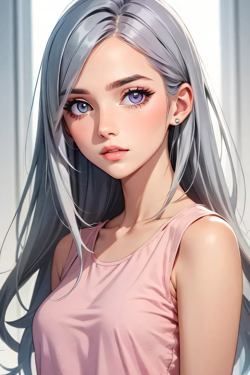 Girl, long gray hair, silver eyes, cold features, white skin, pink lips, purple shirt