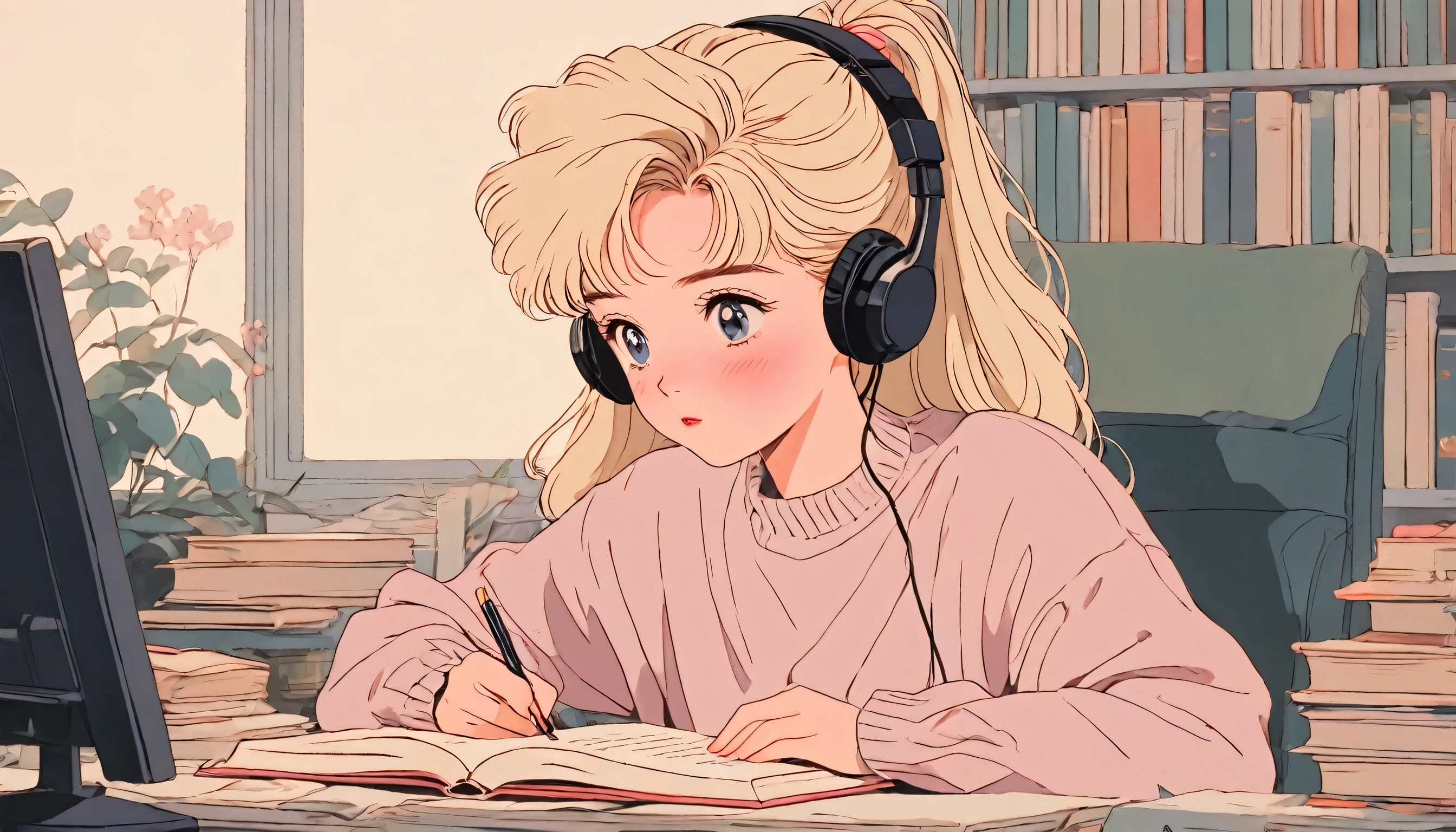 90's anime style, 1990s style, clear, 1980s style, (blush:1.7), the highest quality, 8k, close up, lofi girl, lofi art, lofi feeling, A girl studying on the desk, wearing wireless headphones, very big eyes, a blonde ponytail hair, cute, taking a note, her eyes on the book, bedroom background with a cozy lighting, wearing a sweater, 1 girl, Only, look down at a book