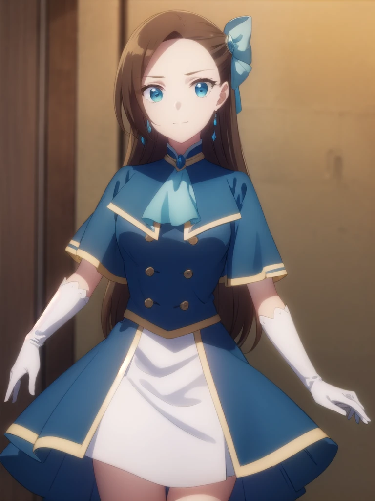 catarinaclaes, catarina claes, long hair, bangs, brown hair, blue eyes, asymmetrical bangs, smile,
BREAK hair ornament, gloves, dress, bow, jewelry, jacket, short sleeves, hair bow, earrings, white gloves, bracelet, ascot, blue dress, blue bow, brooch, high collar, long dress, blue ascot,
BREAK indoors,
BREAK looking at viewer, (cowboy shot:1.5),
BREAK (masterpiece:1.2), best quality, high resolution, unity 8k wallpaper, (illustration:0.8), (beautiful detailed eyes:1.6), extremely detailed face, perfect lighting, extremely detailed CG, (perfect hands, perfect anatomy),