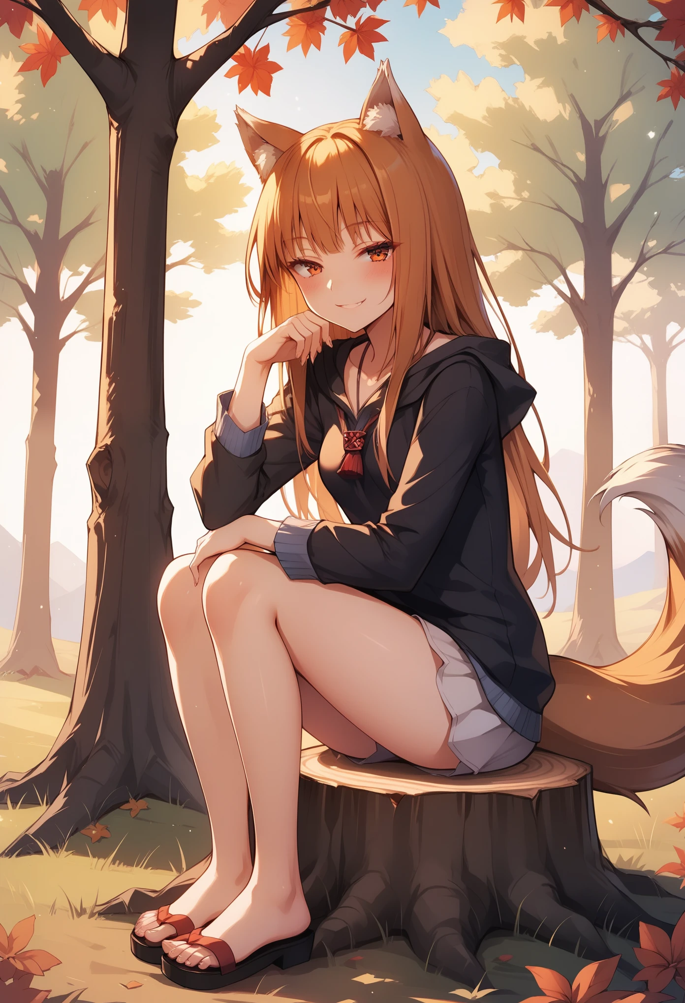  holo, 1girl,  animal ears, animal_humanoid, canid_humanoid, fox_humanoid, wolf ears, wolf girl, small breasts, wolf tail, , BREAK
sitting, looking at viewer, (half-closed eyes), seductive smile, BREAK
day, bare tree, outdoors, tree, tree stump, BREAK
score_9, score_8_up, score_7_up, 