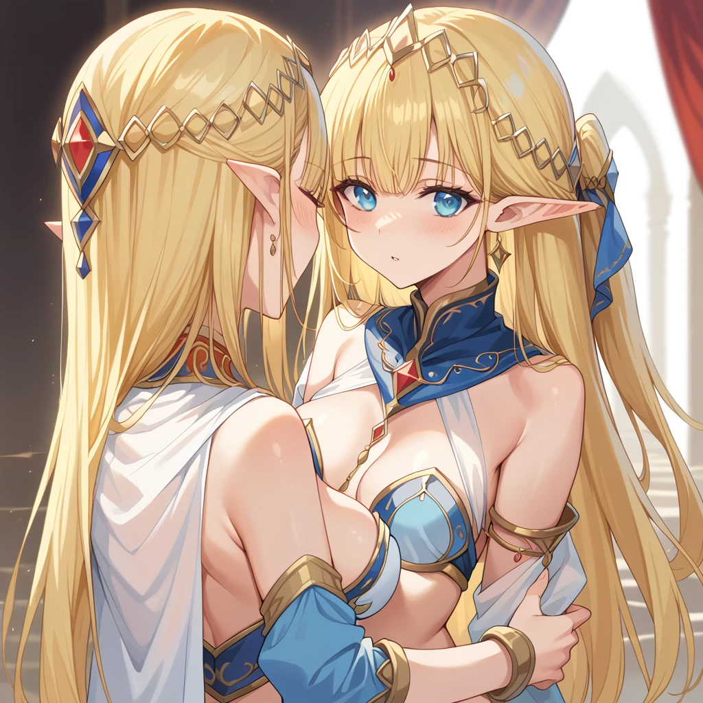 ((Best Quality)), ((masterpiece)), (detailed), （Perfect Face）、The woman is Seras Ashlain, a blonde elf who is part of a harem and wears a gorgeous, sexy harem outfit.