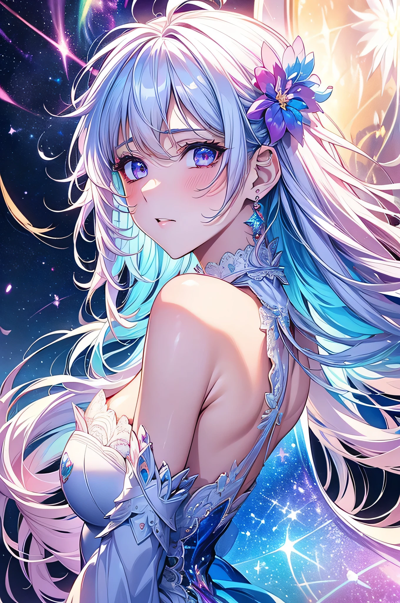 best quality, 32k, RAW photo, incredibly absurdres, extremely detailed, delicate texture, bust up of a beautiful woman with a sad expression looking back, many seven-colored light particles bursting in the fog, fantastic and mysterious, iridescent pastel colour, kaleidoscope, wind