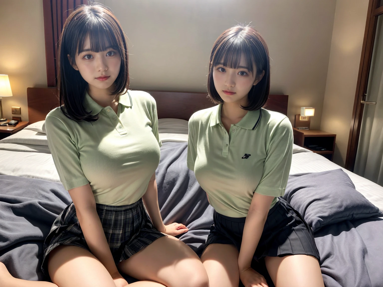 masterpiece, best quality, illustration, Super detailed, fine details, High resolution, 8K,wall paper, perfect dynamic composition,(Details High quality, realistic depiction of eyes:1.3), (2 girls), (collared polo shirt), pleated skirt, knee high socks, twin tails,  in a hotel room in the background, deep on field, large breasts, black hair color, Big Natural Color Lip, (perfect body shape), crying a little、Harajuku style、20 year old girl、cute type、beautiful legs, Gravure Idol