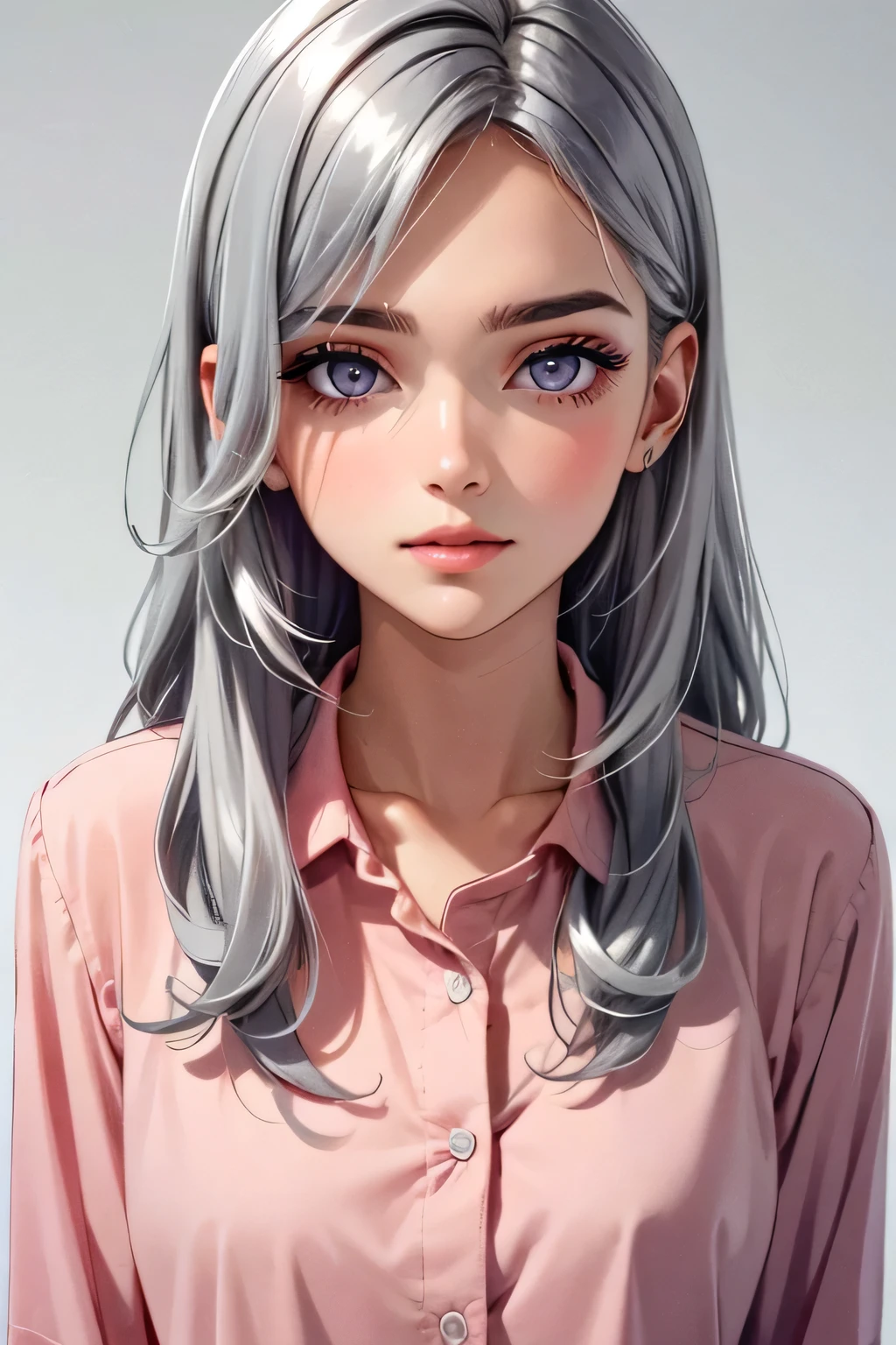 Girl, long gray hair, silver eyes, cold features, white skin, pink lips, purple shirt