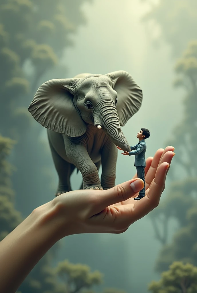 An elephant on a humans hand