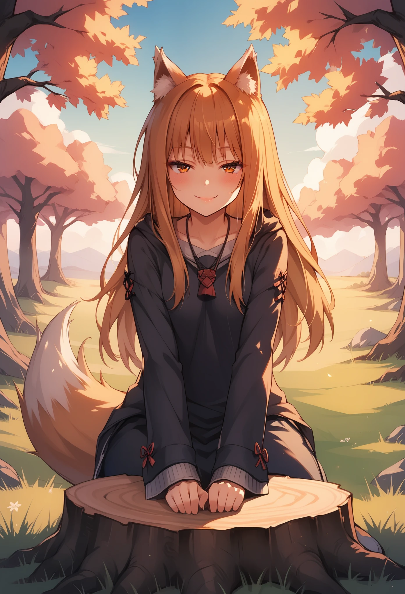  holo, 1girl,  animal ears, animal_humanoid, canid_humanoid, fox_humanoid, wolf ears, wolf girl, small breasts, wolf tail, , BREAK
sitting, looking at viewer, (half-closed eyes), seductive smile, BREAK
day, bare tree, outdoors, tree, tree stump, BREAK
score_9, score_8_up, score_7_up, 