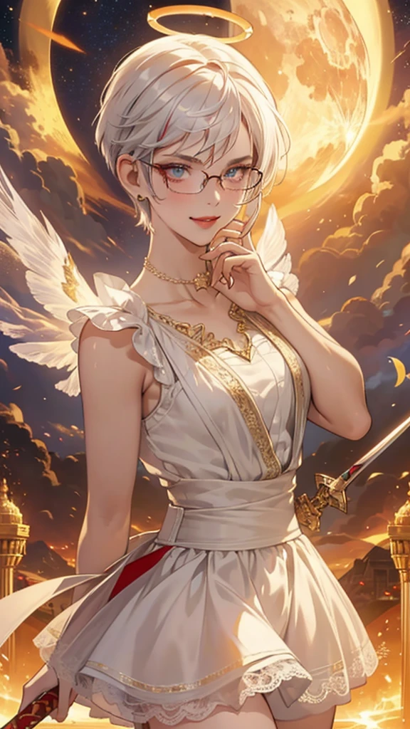 8k, masterpiece, best quality, highly detailed, 1 girl, tiefling, paladin, devil horns, pixie cut, multicolored hair, very short straight hair red highlight hair on white hair, strippled hair, wearing glasses, round glasses, earrings, red eyeshadow, long eyelashes, blushed cheek, red lips, pearl necklace, rings, collarbone, mole on face, glamorous, white and gold clothes, sleeveless, laced dress, miniskirt, smirk, close up view, rings, looking at viewer, solo, holding sword, sword point to the sky, starry sky, radiant gold moon, standing, golden halo, white lace gloves, heavenly scene, halo, holy palace in background.