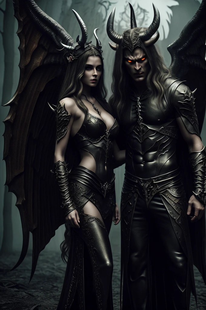 1 male demon and 1 female demon, with horns and wings, ultra detailed face and body, hyperrealistic, realistic representation, standing together in hell, the male demon hugs the female demon