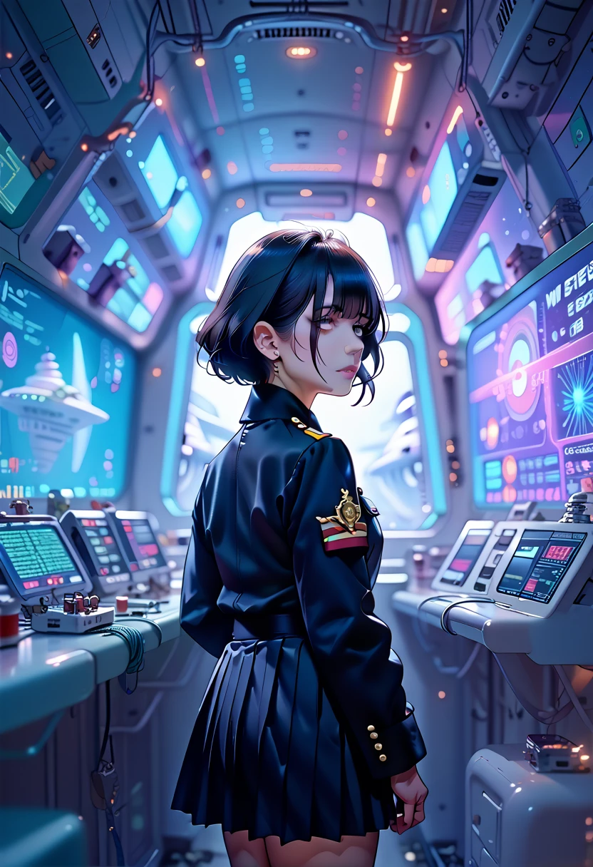 (highest resolution, distinct_image), high quality, masterpiece, very detailed, semi-realistic, woman with short black hair, mature woman, triple bangs, black uniform, Black pleated skirt, military uniform, spaceship space, Control room, commander