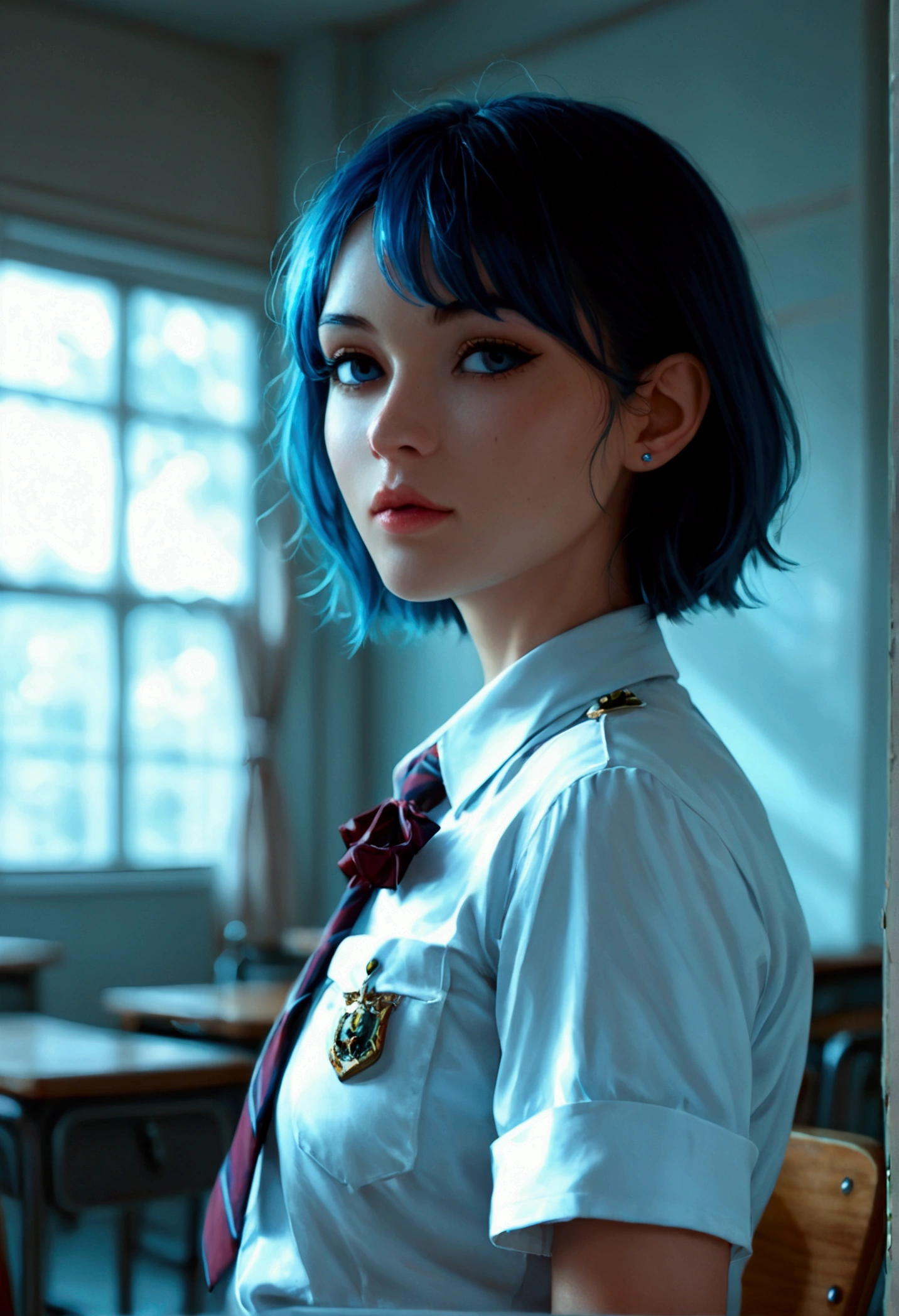 score_9,score_8_up,score_7_up, A stylish blue-haired woman, wearing skimpy school uniform, The lighting is soft, clothes details and her confident pose. capturing the fusion of beautyful school girl