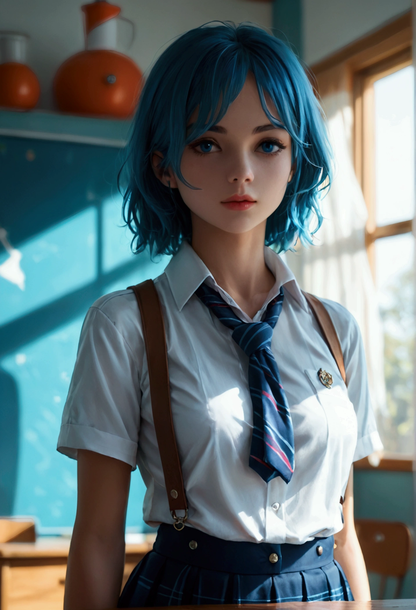 AGMM, 1girl, (Margot Robbie, blue hair, Colored_Skin:1.2), wearing wet see-through school uniform, large breasts, reveal, covered, skirt, thighhighs. inside building, classroom, sunbeams, bokeh, sparkles, evening, smile, sexy smile, --auto --s2