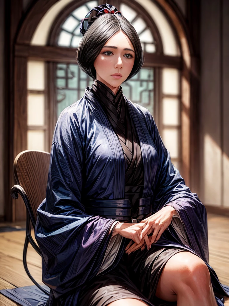 (((unohana))) , detailed hair，single ponytail , detailed eyes , detailed face  , 32K , sitting on a chair , looking at the audience , close face , face focus