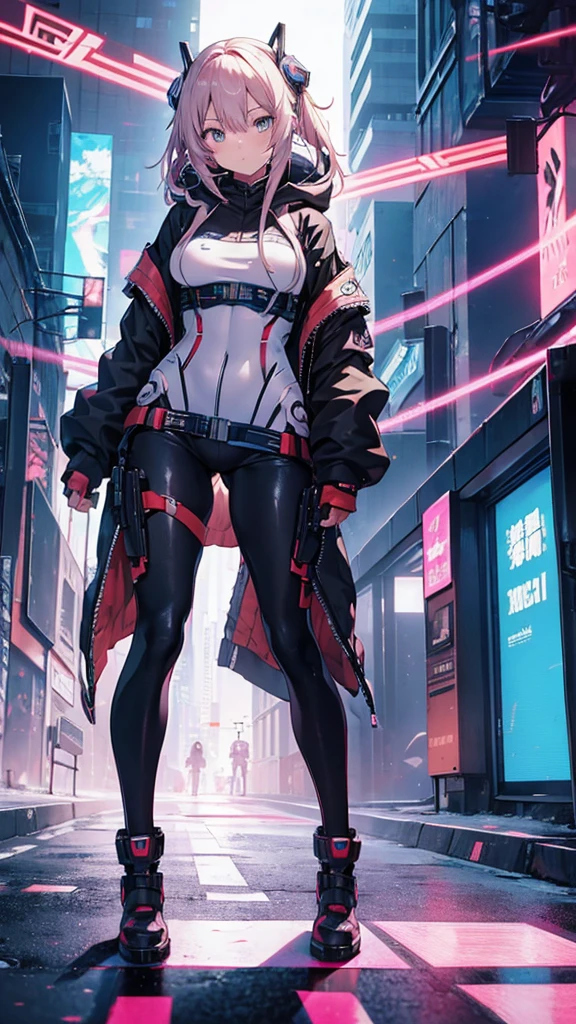 an anime, of a sensual girl with purple hair, green eyes, dressed as a cyberpunk mercenary, urban style, she wields a sword in one hand and a pistol in the other, in the background a futuristic city dazzles with its neon lights.