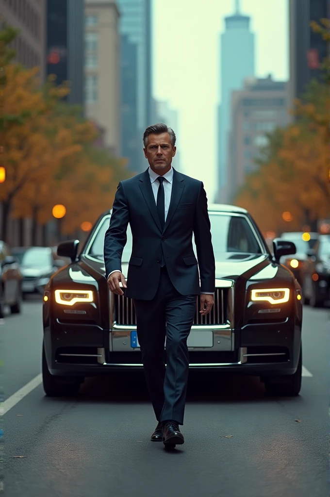 A man wearing black coat pant and black eyeglass and standing in front of rolls royce and buggati and cigar jn hand and long hair