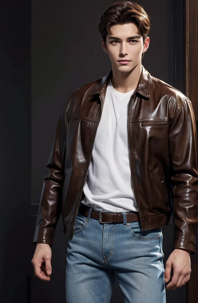 4k, high resolution, best quality, masterpiece, perfect color, perfect shade, perfect lighting, Posted by e621, ((handsome man)), perfect male figure, Short hair details，Detailed face, perfect face, (stood up), Detailed background, ((Bonifasco Lighting)),brown hair, wearing brown leather jacket, denim pants, black leather belt, white shirt,