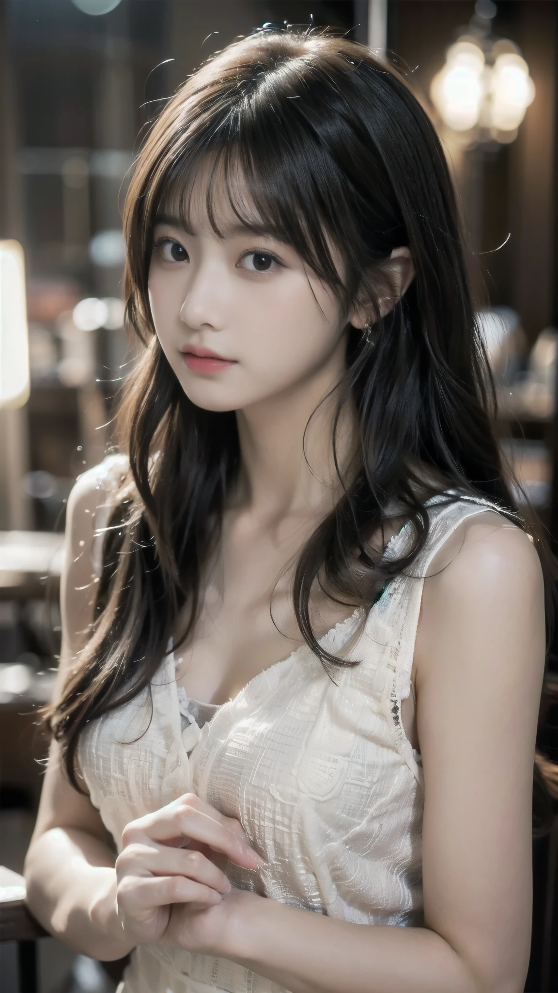  ((Highest quality, 8K, masterpiece:1.3)), concentrate: 1.2, Perfect body beauty: 1.4, Hips: 1.2, ((Long Hair, chest: 1.2)), (Dry clothes: 1.1) , (clear, Simple Background:1.3), Simple clothes: 1.1, Highly detailed face and skin texture,Delicate eyes, double eyelid, Whitened skin, Rough skin、Long Hair、Earrings with bangs、necklace、 solo、Beige coat、White shirt,  (((Beautiful girl with cute Japan)))、  ((Beautiful Japanese girl 20 years old))、 ((Baby Face))、 (((Slender body)))、  Upper Body，Face focus、necklace，Simple Background，From above， Realistic Hair、 A photograph was taken:Canon EOS R6、135mm、1/1250 seconds、f2.8、ISO400、(Detailed explanation of the hand)、(Masseter muscle area)、(Exquisite CG)、Long Hair, loose and curly hair、Korean Hair、Long Hair明るいベージュ色、グラデーションハイライトグレージュのゆるふわLong Hairスタイル、