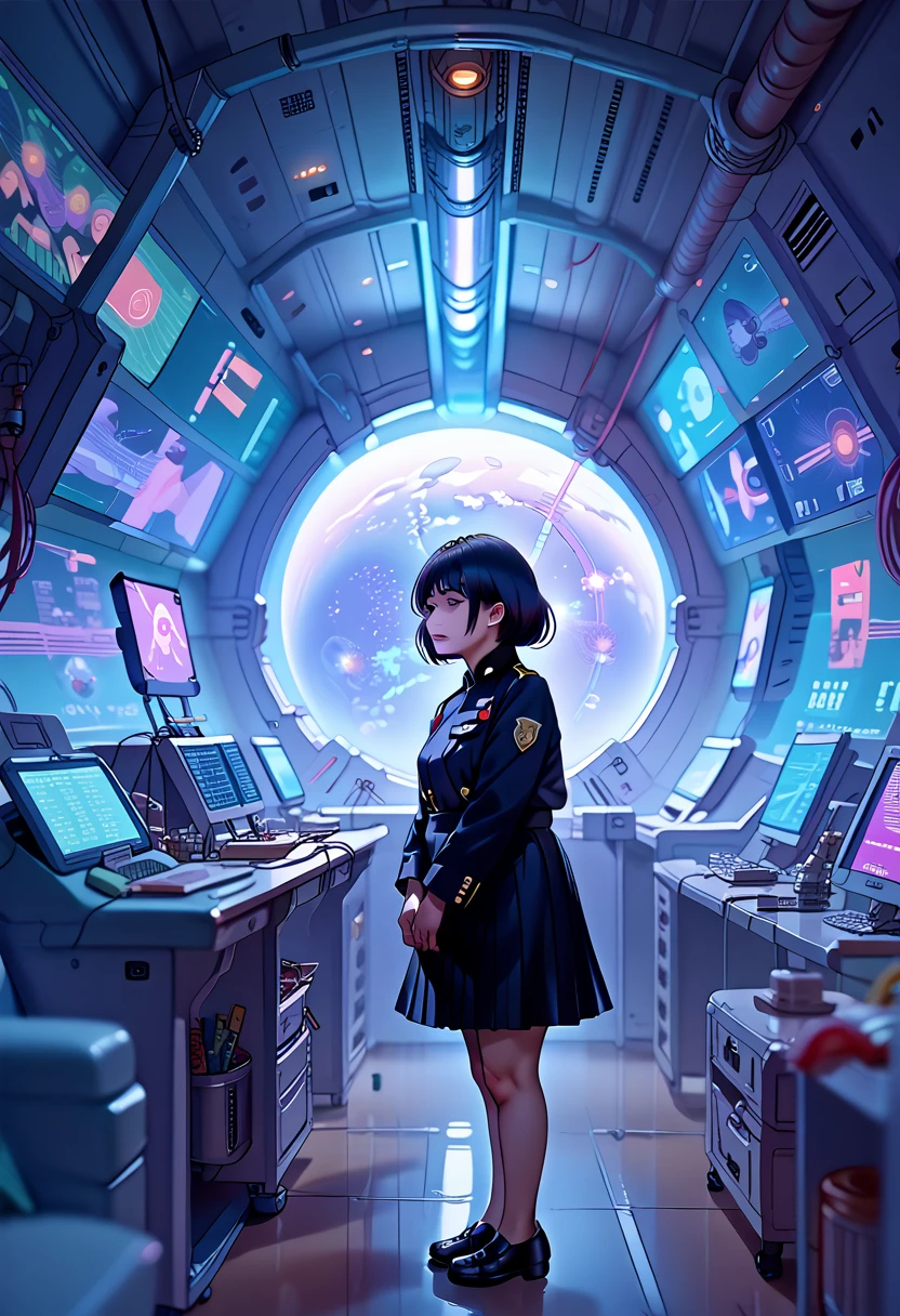 (highest resolution, distinct_image), high quality, masterpiece, very detailed, semi-realistic, woman with short black hair, mature woman, triple bangs, black uniform, Black pleated skirt, military uniform, spaceship space, Control room, commander