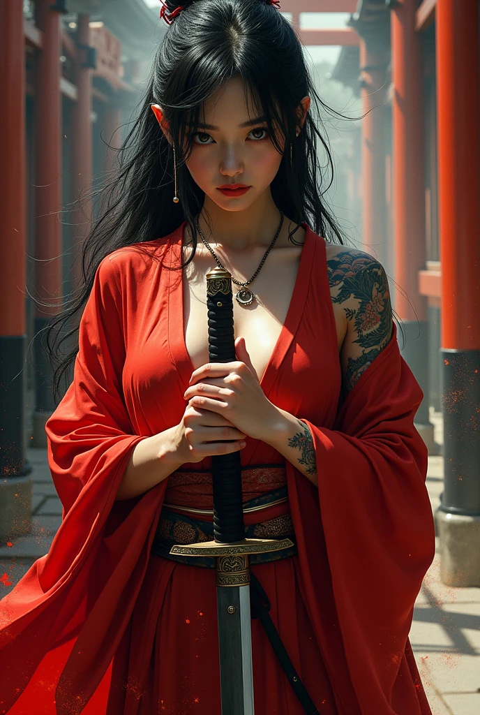 (masterpiece:1.2), ultra detailed, ultra high res, (realistic, photo realistic:1.37), high detail RAW color photo, professional photograph, an extremely delicate and beautiful, extremely detailed, 8k wallpaper, Amazing, finely detail, huge file size, extremely detailed beautiful girl, extremely detailed face, extremely detailed eyes, extremely detailed skin, extremely detailed fingers, highly detailed nose, highly detail mouth, Perfect Anatomy, Highly detailed background, (a famous actress of Japan:1.2), (gals:1.5), (flat chest:1.5), brown race, dark skin, reflection, nude (naked), Gigantic Breast (detailed nipple), (intricate detailed on kimono), epic background, (weapons, fire, glitter:1.2), (red moon:1.2), (fog:1.5), (ghost:1.2), (red fire:1.2), fantasy,