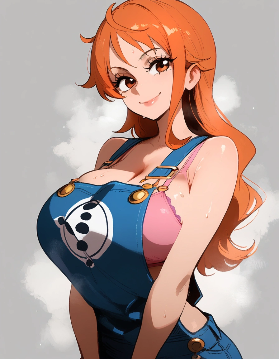 1girl, nami \(one piece\), one piece
\\\\\ masterpiece, best quality, newest, ///// nyantcha, khyle, cutesexyrobutts \\\\\ highres, absurdes. , solo, wet, sweat, shiny skin, straight-on, big breasts, naughty face, three quarter view, grey background, simple background, cropped, v arms, overalls, naughty smile, skinny, upper body, pink bra under clothes
