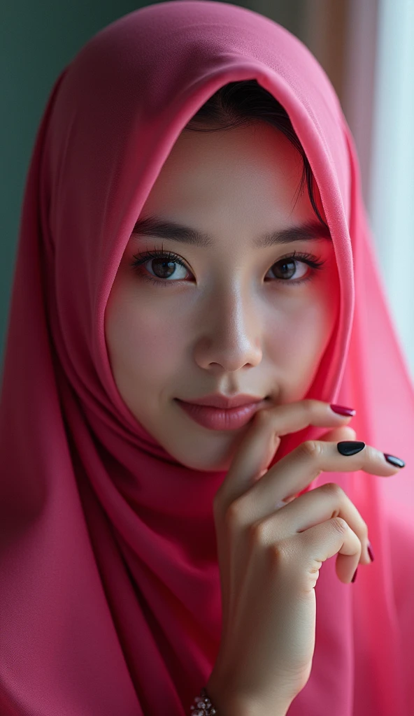 (photorealism:1.2), beautiful Chinese Moslem, very beautiful Chinese Moslem female, long pink hijab and long abaya, very detailed fingers, beauty red nails, high resolution, 8k, HDR