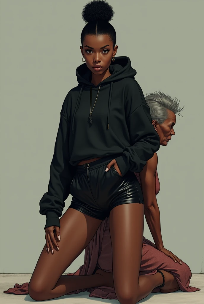 black woman hair in a bun black hoodie black leather short shorts a old grandma in a dress on her knees kissing her ass behind her squeezing her ass cheeks