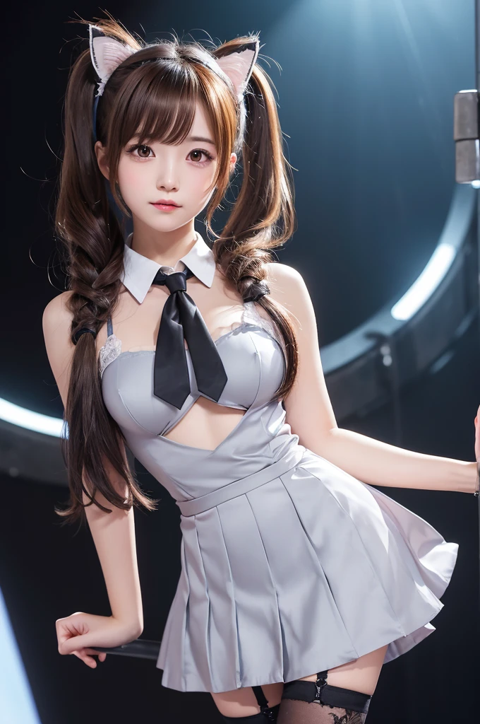 (highest quality: 1.3), High resolution, Very detailed, High resolution CG Unity 8K 壁紙, Realistic, photoRealistic, RAW Photos, Beautiful face in every detail, High-quality fabric, Detailed hair texture, Fine texture, Accurate, Anatomically correct, Detailed face and skin texture, One Girl, cute, Brown Hair, ((ponytail, Deep blue eyes: 1. 2)), Thick bangs, (A smile showing white teeth: 1. 2)), (Woman singing with a microphone: 1. 2), ((cute idol costume))、((Shining stage、Spotlight))、Cat Ear Headband、Idols singing to cheers、