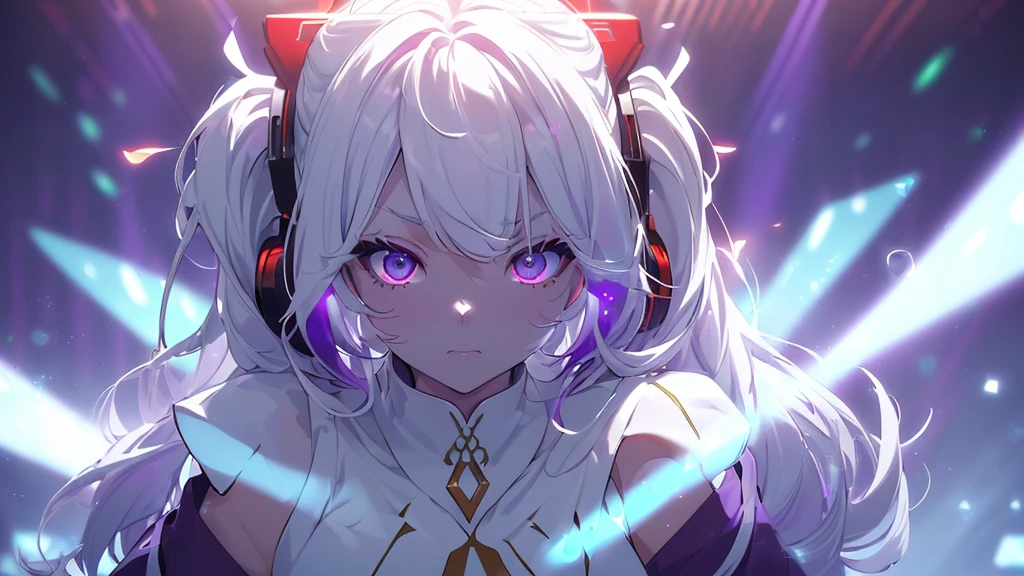 Emilia re:zero, purple eyes, Emilia, crown braid, x hair ornament, flower hair ornament, white hair, long hair, medium breasts, ((Masterpiece)), best quality, absurderes, ultra detailed, holographic, cowboy shot, dynamic pose, golden ratio, super cute girl, mature girl, extremely beautiful, super beautiful asian girl with super beautiful violet eyes, super beautiful white hair, shiny skin, high ponytail, nice and sexy body, slim and delicate body, perfect body, wearing a super tight printed white crop top, kawaii panties, fox headset, being photographed in a kawaii alien spaceship