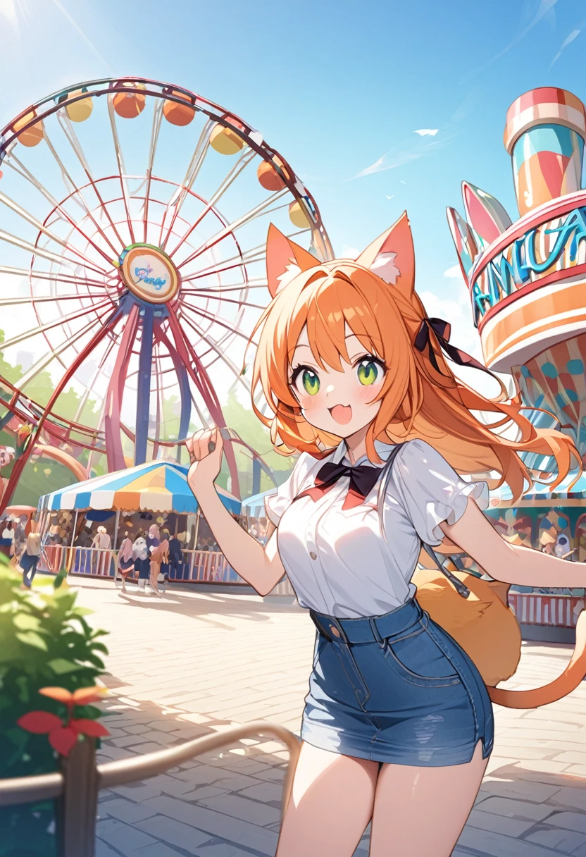 Young girl、Very cute、small、Firm breasts、Denim skirt、Orange Hair、High quality backgrounds、amusement park、Cheerful attitude、Cat ears、Cat&#39;s tail、An innocent smile、Chubby old man、Patting her head